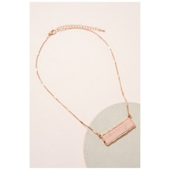 Pink Courage Necklace Faux Leather Bar Charm Gold Layering Nickel Free - Picture 2 of 3